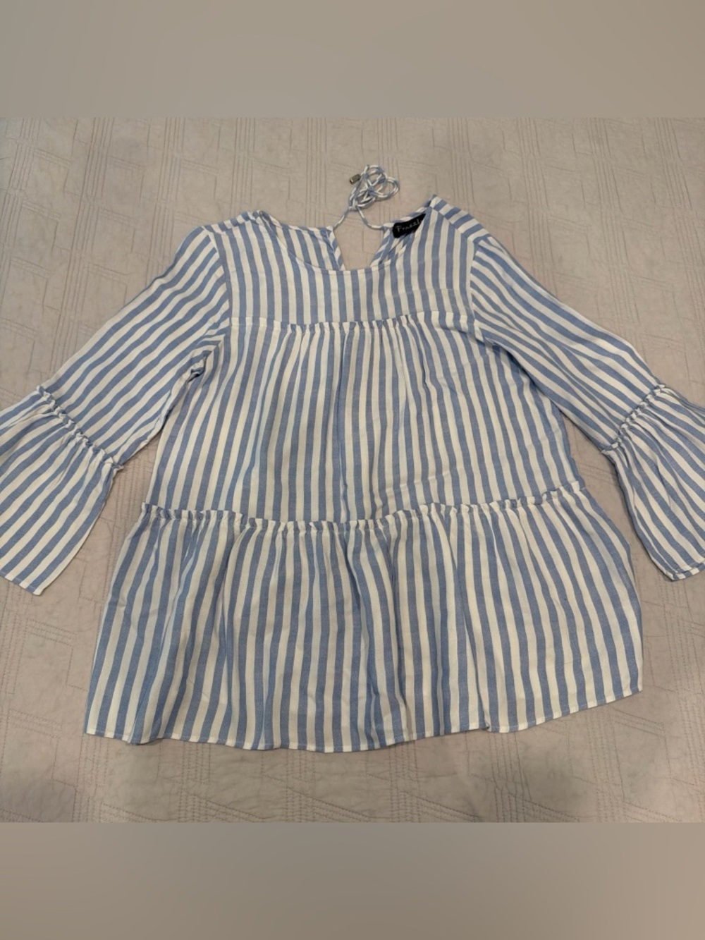 Frazzle Blue & White Striped Women’s Boho Peasant Top with flared sleeves